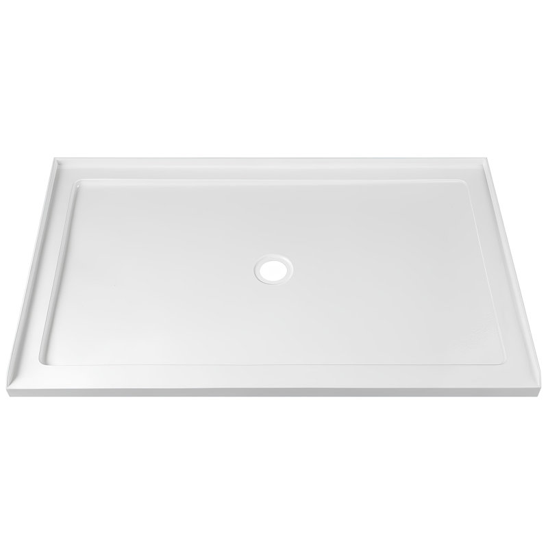 Base de douche rectangulaire 60 po x 36 po, conception à seuil simple en acrylique blanc avec drain central, surface antidérapante