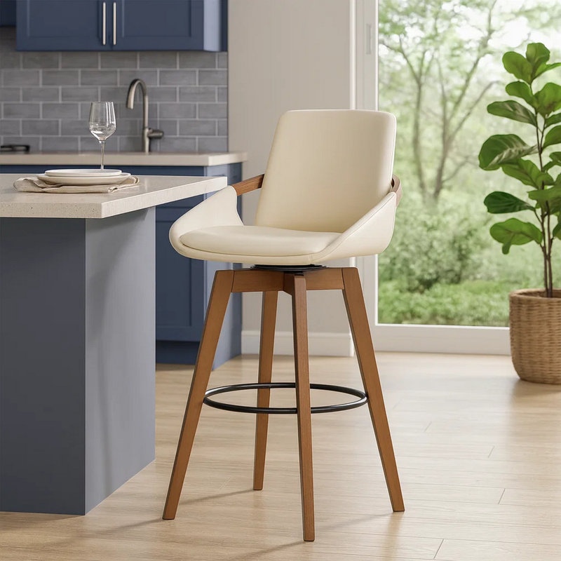 Allyssa Swivel Counter or Bar Height Bar Stool with Arms and Footrest in Faux Leather and Wood, Grey Faux Leather, Black