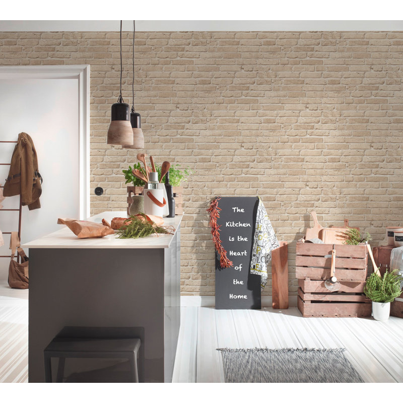 The Bricks and More Weathered Walls Motif 10.05m x 53cm Matte Wallpaper Roll, Beige