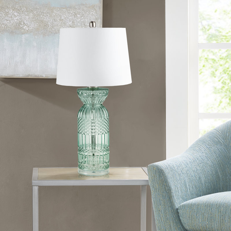 Aqua Blue Textured Glass Table Lamp with White Shade