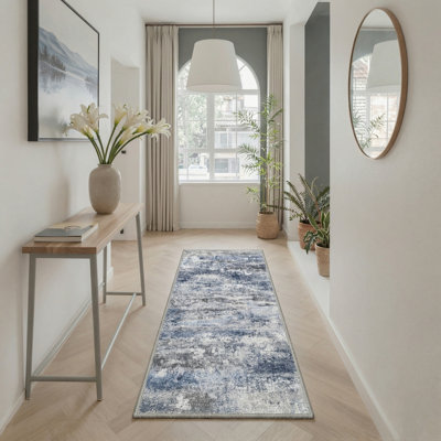 Comeau Aura Abstract Machine Washable White / Grey / Blue Indoor Area Rug with Non-Slip Backing