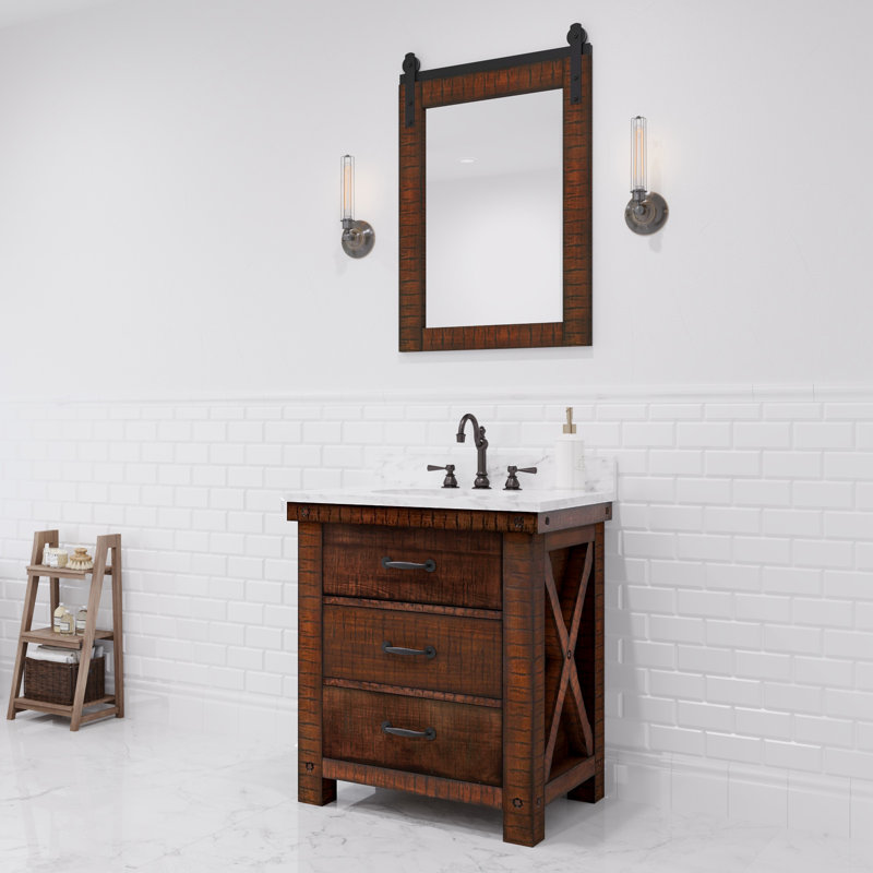 Meuble-lavabo avec miroir 30 po Aberdeen, Sierra rustique, Blanc de Carrare