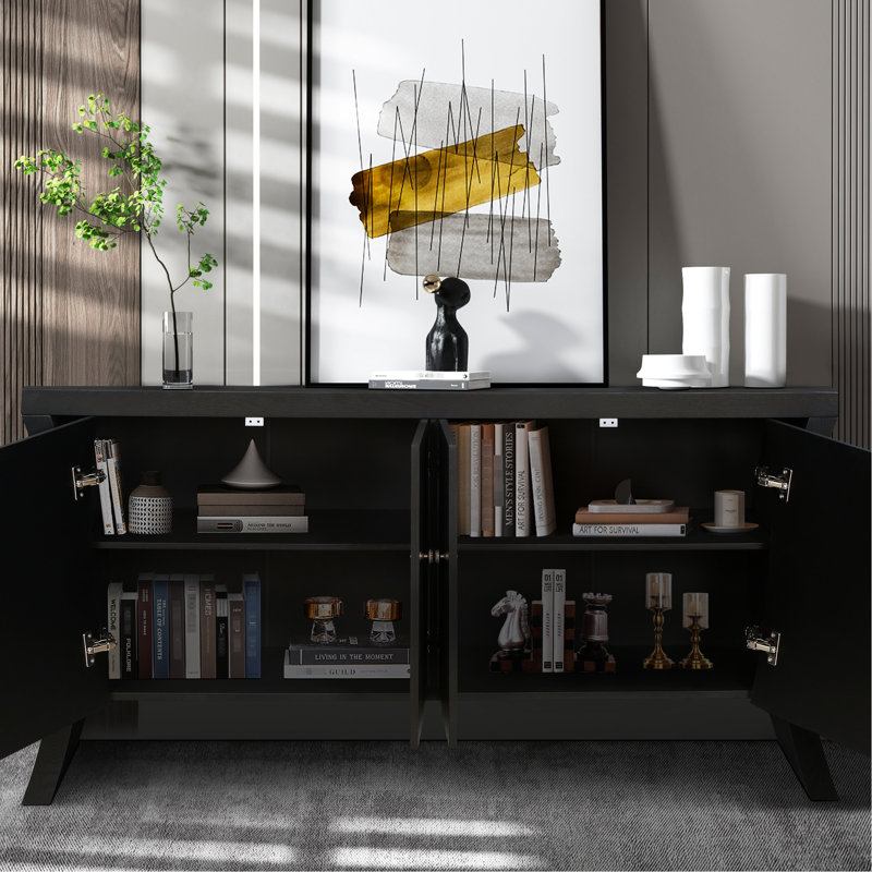 Armoire de rangement noire à 4 portes avec pieds en bois, Noir