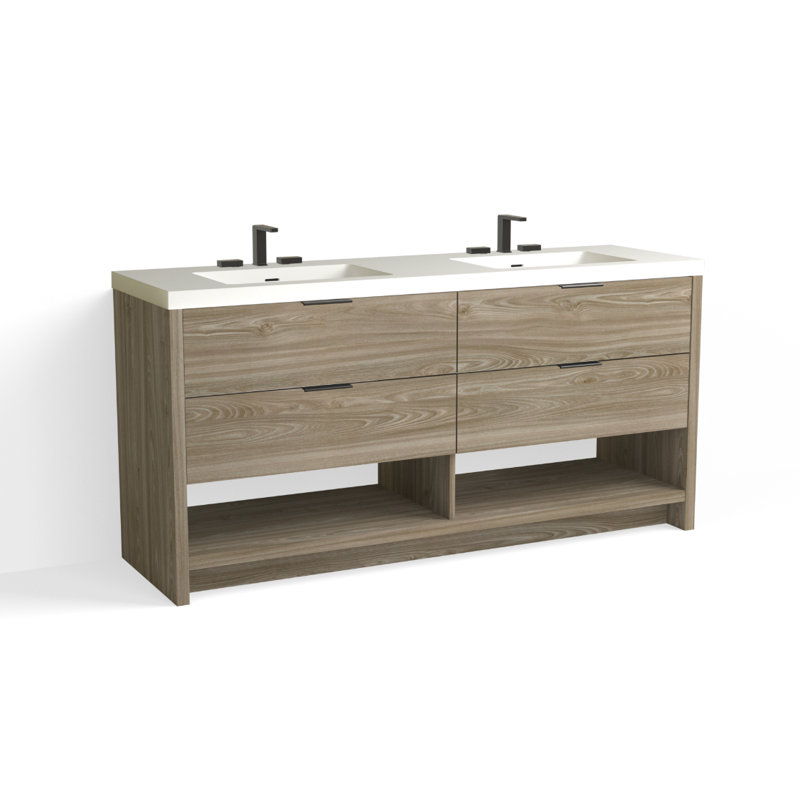 Vue 72" W Freestanding Double Bathroom Vanity, Nimbus, Glossy White/8" Widespread, Matte Black