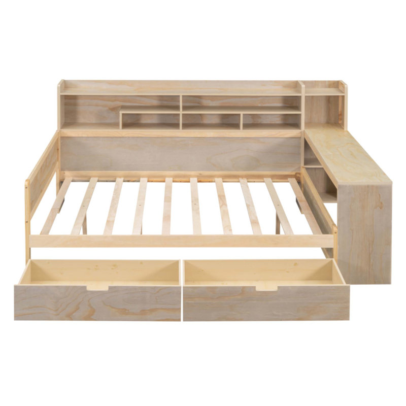Wooden Daybed With Storage Shelves And Study Desk, Multi-Functional Bed With Drawers For Modern Living