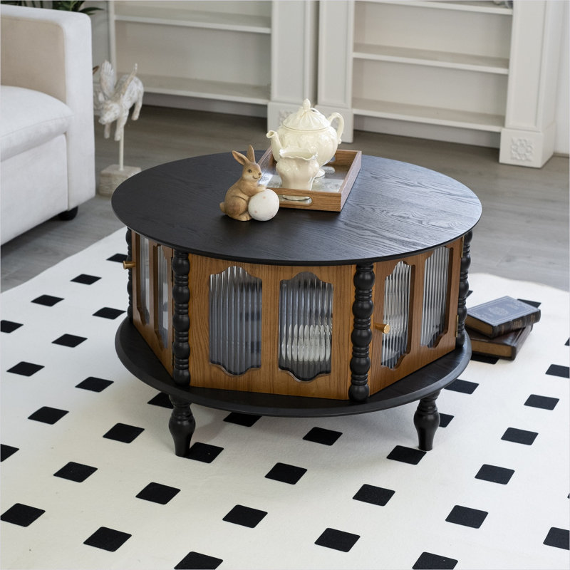 Round Real Wood Veneer Coffee Table with Cabinet Storage, 31.5 Inch, Sleek Black and Walnut, Compact for Small Spaces