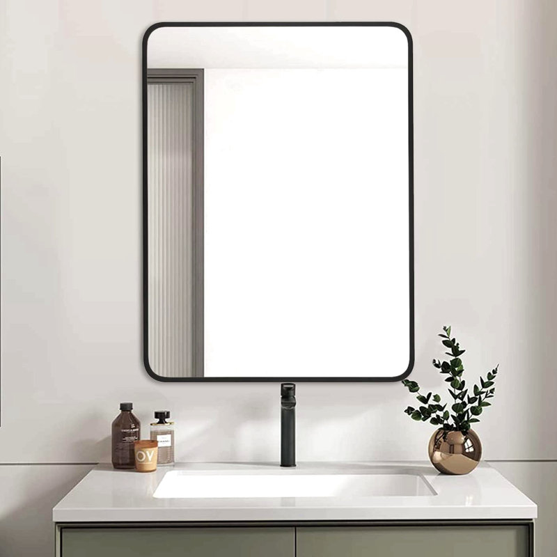 Miroir de salle de bain rectangulaire 24 po x 32 po en métal noir pour cadre mural. (W2203135016), Noir, 30,02 po x 23,98 po