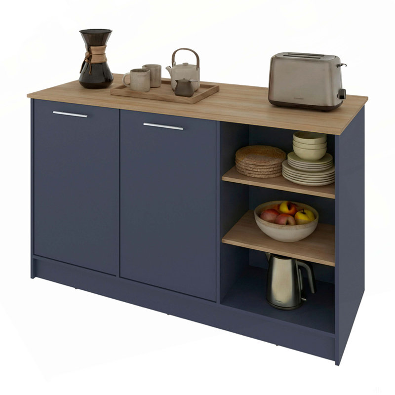 Juniper Kitchen Island With Large Dining Countertop, Double Door Cabinet With Interior Storage Shelves And, Two  Open Shelves
