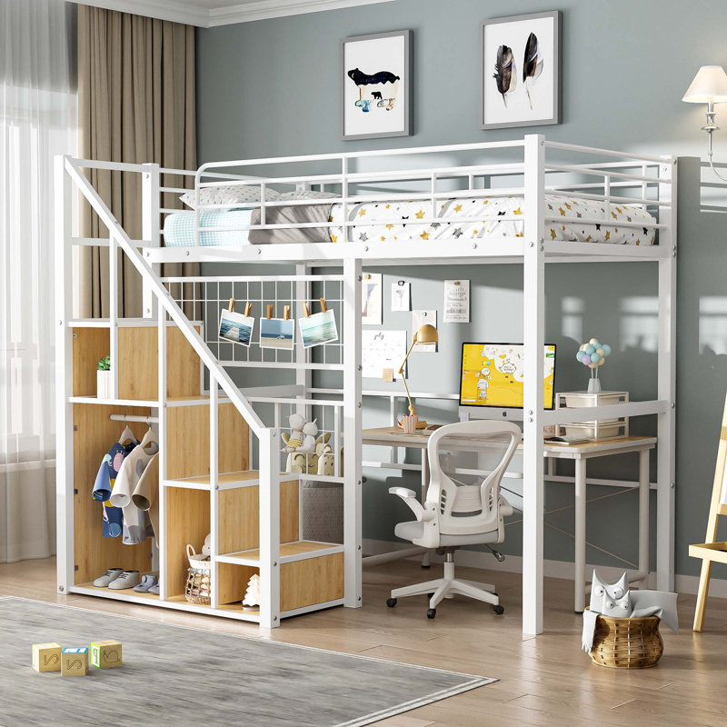 Lit mezzanine simple en métal avec escalier de rangement et petite armoire, Blanc
