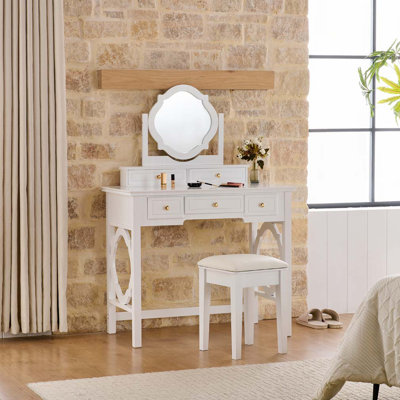 Makeup Vanity Table with Reversible Mirror, Dressing Table Set with Stool