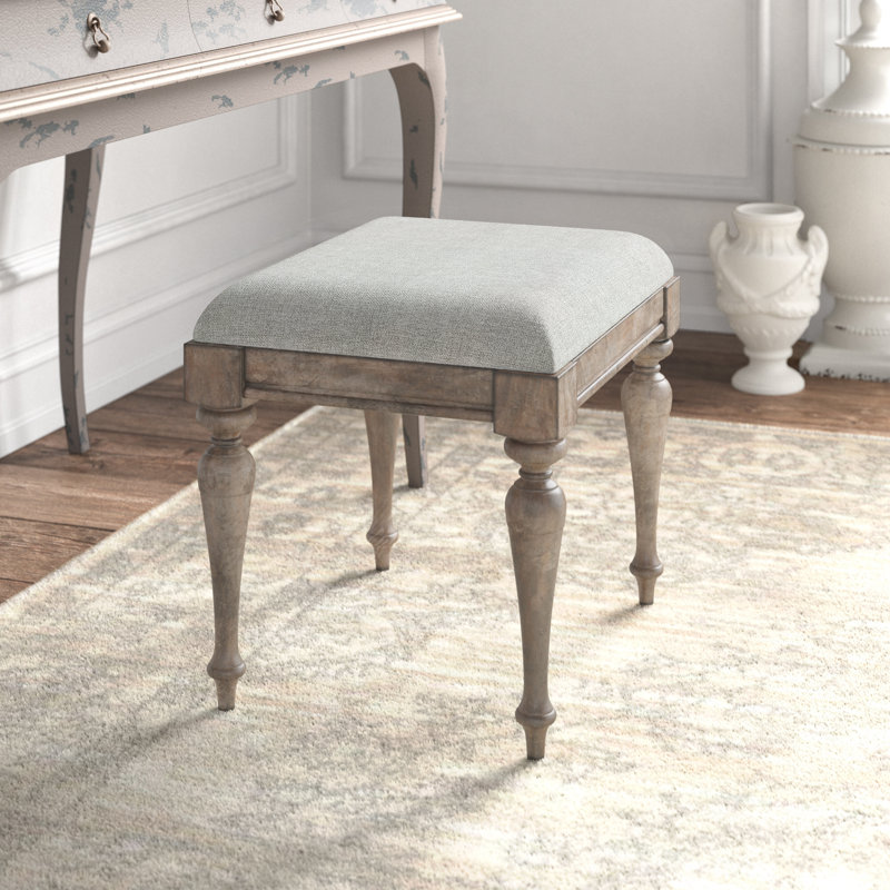 Tabouret de coiffeuse en bois manufacturé et en polyester rembourré Lipford Watson , Bois flottant gris, Blanc cassé