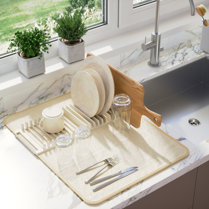 Foldable Linen Plastic Dish Drying Rack with Utensil Cup