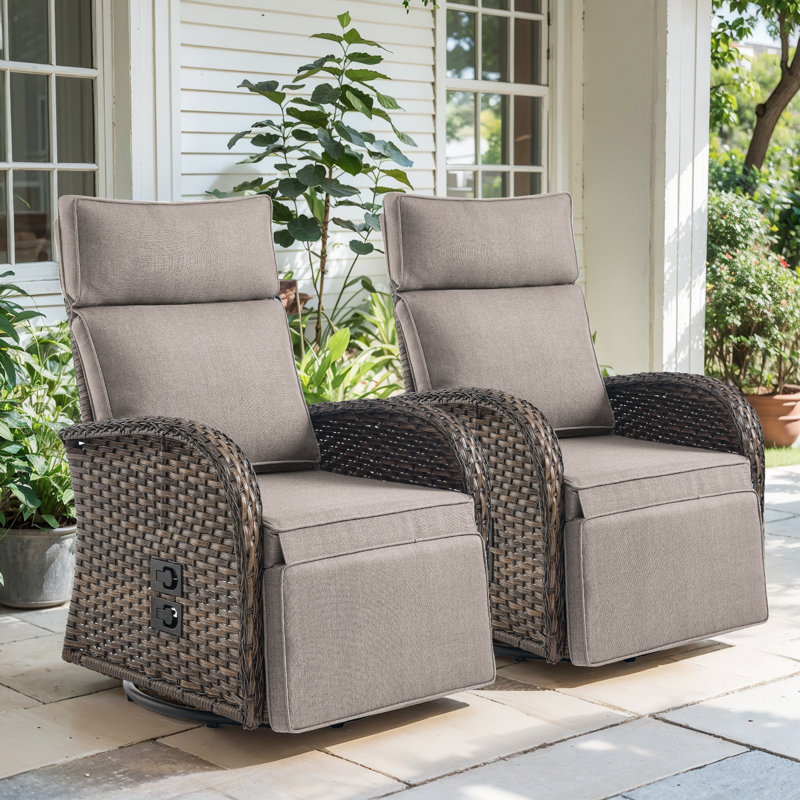 Serita Outdoor All-Weather PE Wicker Adjustable Reclining Lounge Chair With Cushions, Swivel Recliner Chair, Beige, Brown