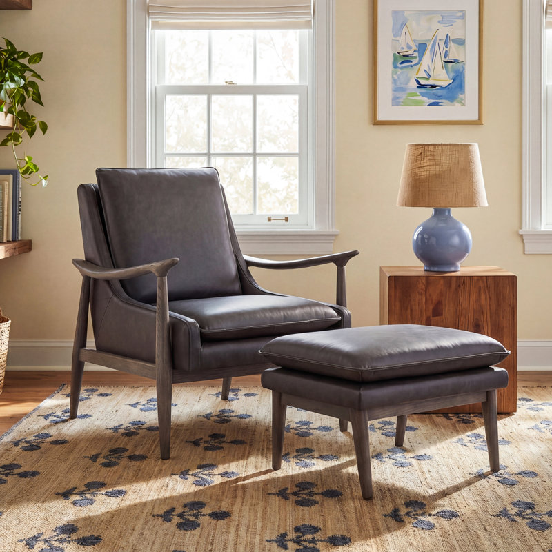 Caigan Abbyton Genuine Leather Accent Chair With Ottoman
