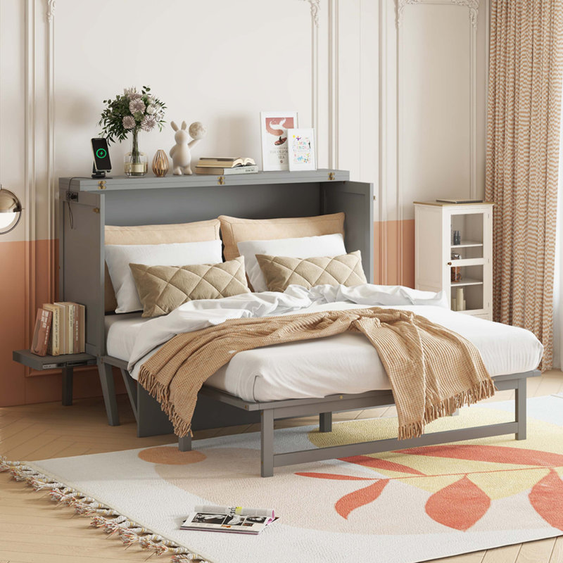 Benoit Murphy Bed with USB Port and Removable Shelves on Each Side, Queen, Gray