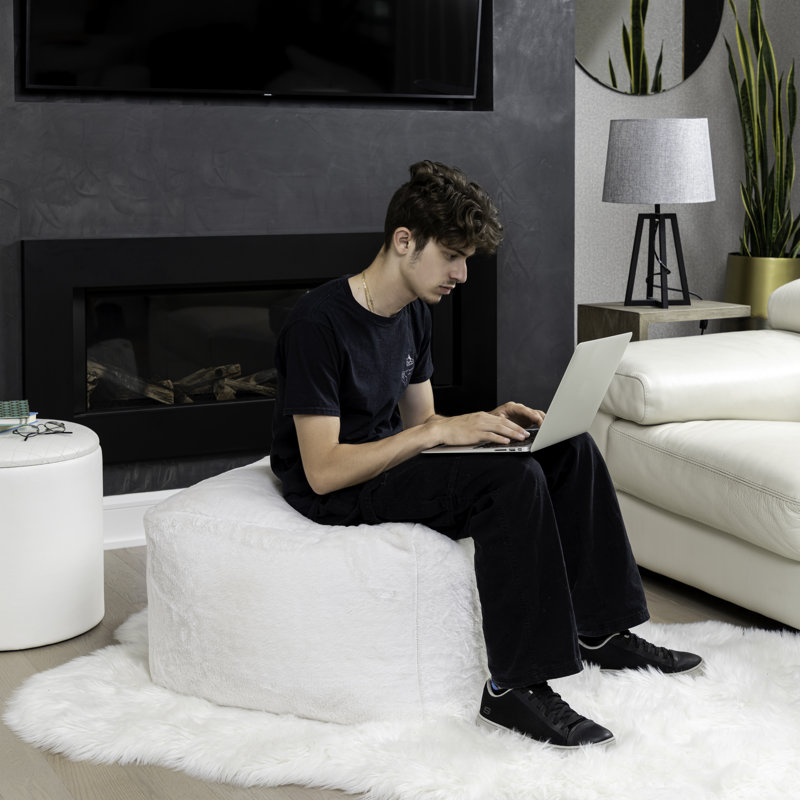 Pouf carré en fausse fourrure de lapin Pielle - gris, Blanc