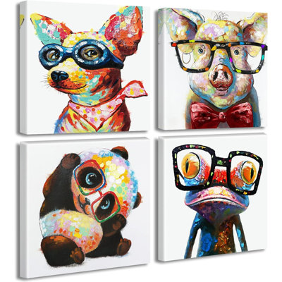 Colorful Cartoon Animal Wall Art Canvas Print Funny Cute Panda Frog Pig Pictures For Kids Bedroom Nursery Decor Artwork Framed 12''X12''x4
