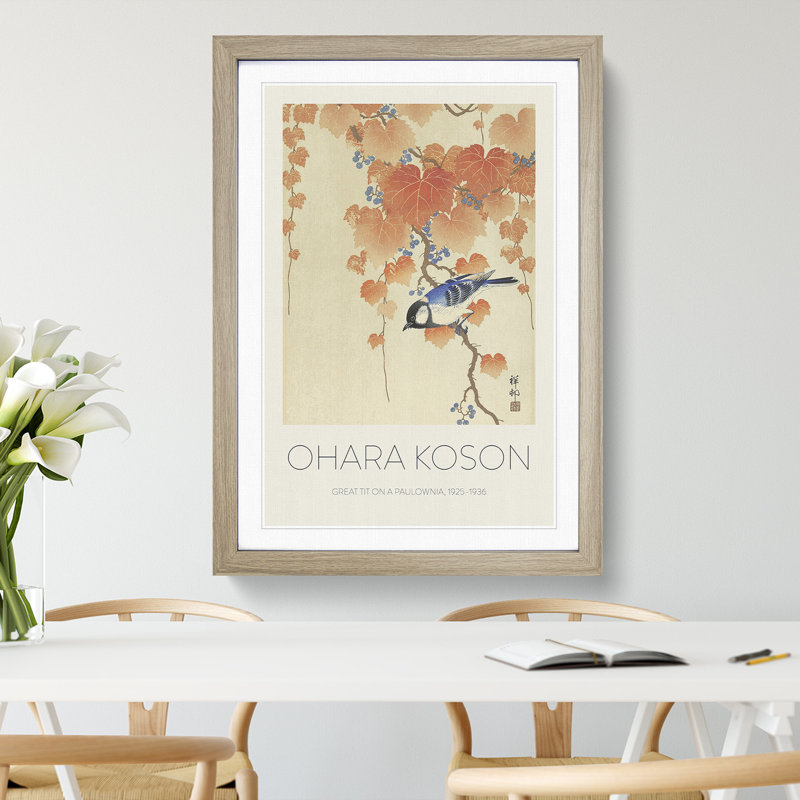 Great Tit On A Paulownia Branch by Ohara Koson - Single Picture Frame Print, 36cm H x 27cm W x 2cm D, Oak Framed