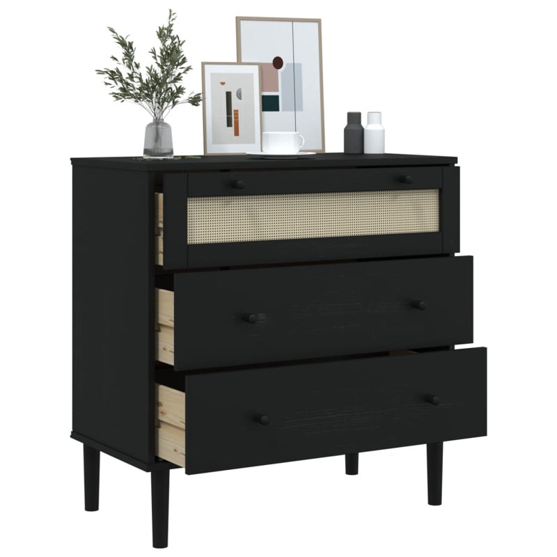 Kirkman 3 Drawer 80Cm W Chest of Drawers Rattan Look, Black 