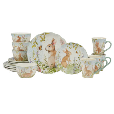 Certified International Easter Meadow 16pc Ceramic Dinnerware Set – Includes 11" Dinner Plates, 9" Dessert Plates, 16oz Mugs In Blue;brown;white;green;orange;purple