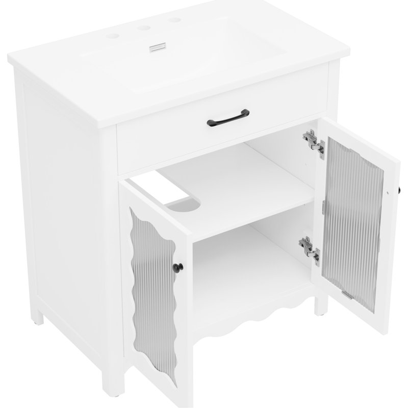 Armoire de salle de bain moderne de 31 po avec rangement spacieux, lavabo en céramique lisse et verre trempé à rayures verticales pour un verre intégré lumineux de 31 po, charnières à fermeture en douceur silencieuses