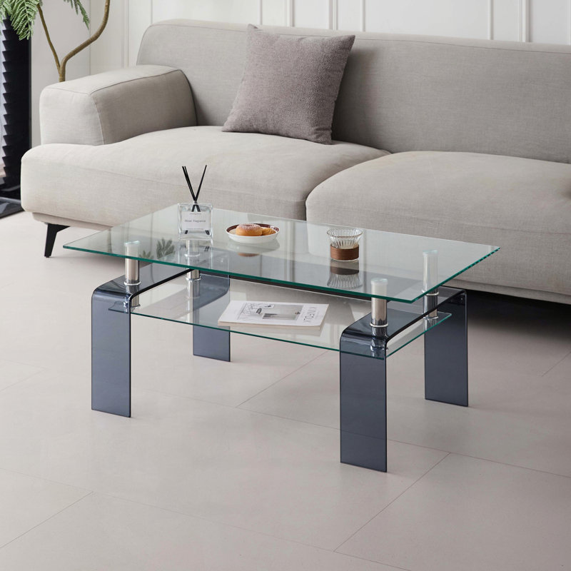 Table basse en verre trempé avec pieds en verre - Design moderne à 2 niveaux, Bleu
