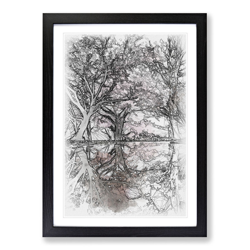Reflection Of The Pink Blossom Trees Sketch - Single Picture Frame Print on MDF, Black Framed, 45cm H x 33cm W x 2cm D