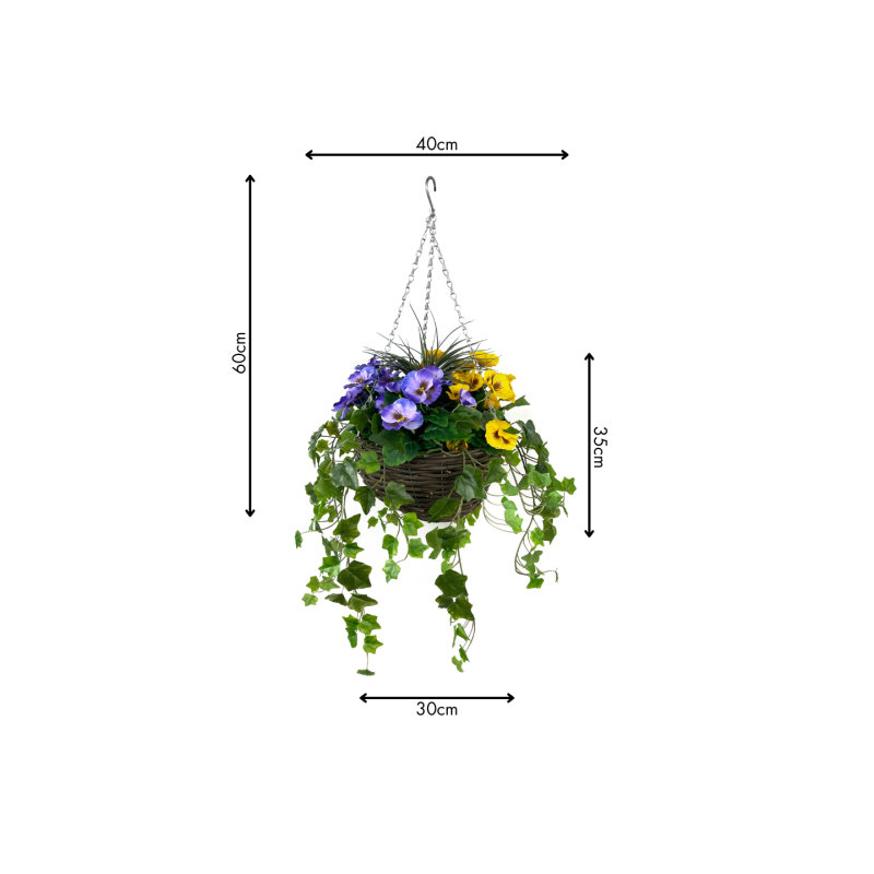 Pansy with Ivy Vine in Hanging Basket (Anti-UV)(30cm diameter basket), Yellow/Purple