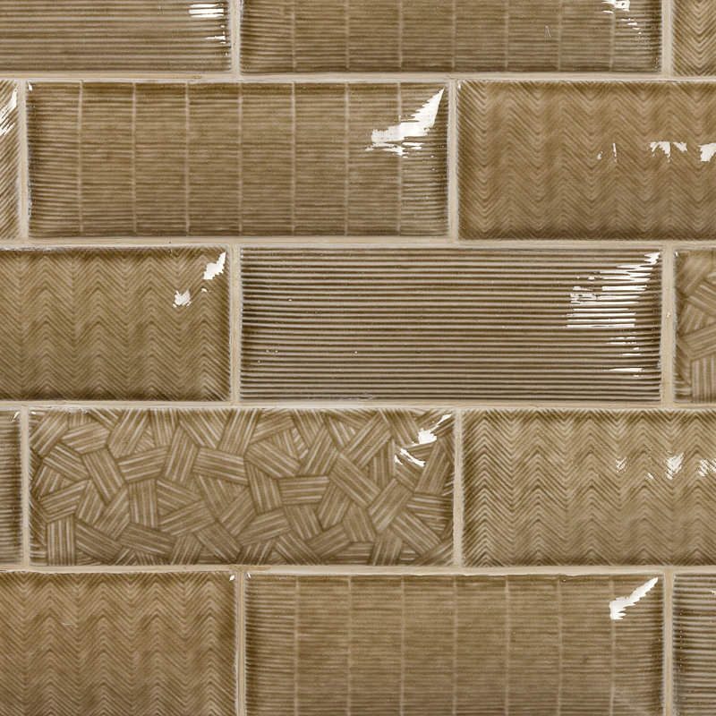 Dallas Patterned Mix Pillowed 3" x 8" Ceramic Subway Tile, Brown