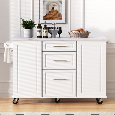 50.7" Kitchen Island with Storage Tilt Trash Can Cabinet and Pull Out Cabinet Organizer, Rolling Kitchen Island on 5 Wheels with Drop Leaf, 2 Drawers, 1Door for Kitchen, Dining Room, White