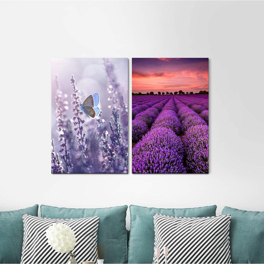 2-tlg. Leinwandbilder-Set - Fotografie „Summer Butterfly Lavender Lavender Field Pink Clouds Horizon Nature”