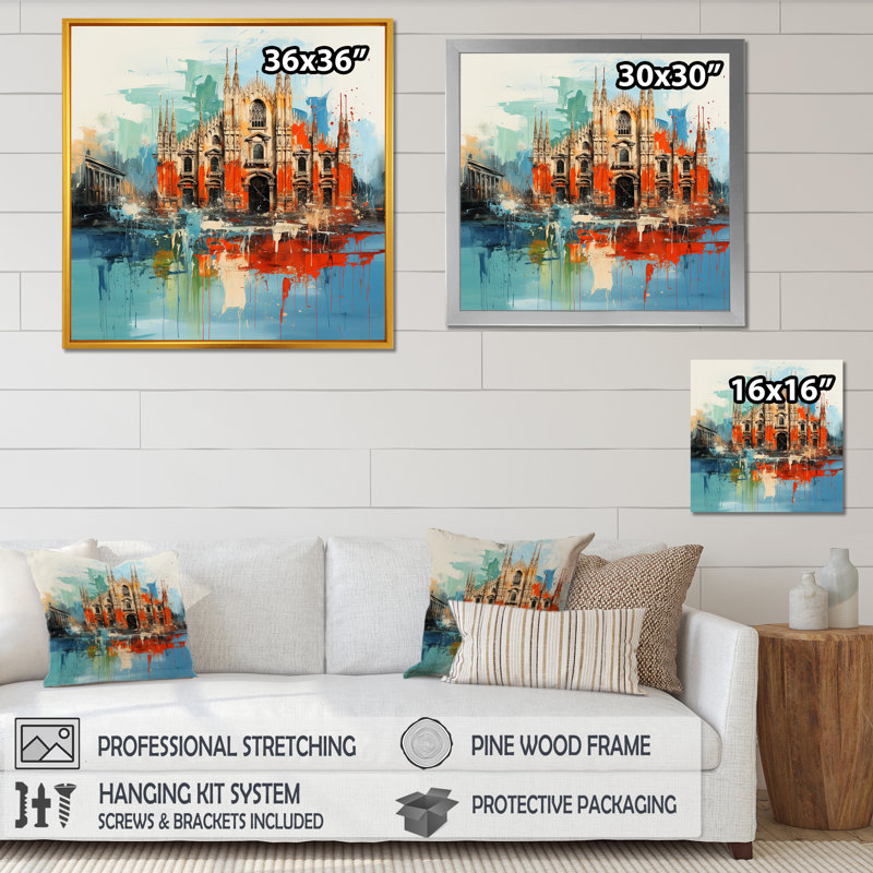 Paysage urbain de Milan en bleu orange - art mural Milan, Cadre flottant noir, H 36 po x l 36 po x P 1,5 po