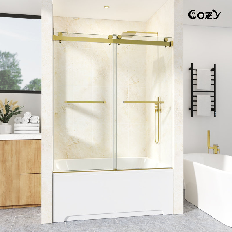 50-55" W X 60" H Frameless Double Sliding Tub Door with 3/8" (10mm) Clear Tempered Glass, Shatter-Resistant Film & Installation Hole Locator