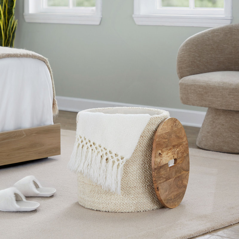 Wood Storage Ottoman Handwoven Wool And Mango Wood