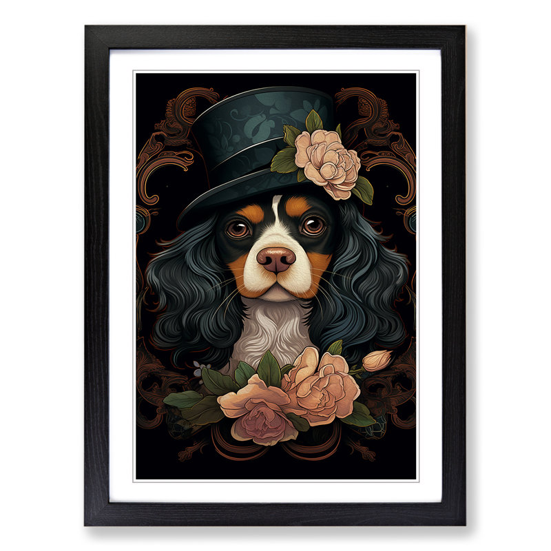 Cavalier King Charles Spaniel Art Deco No.3 - Single Picture Frame Print on Wood, 46cm H x 34cm W x 2cm D, Black