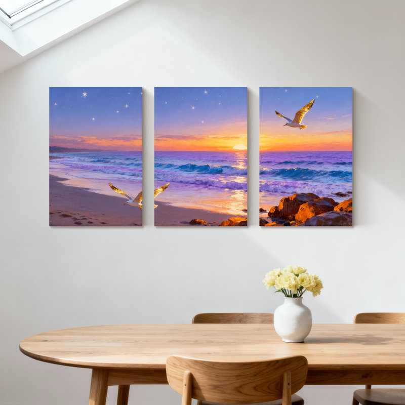 Abstrait, coucher de soleil, mouettes, ciel, océan, vagues, roches, ensemble de 3 impressions sur toile, H 18 po x l 36 po