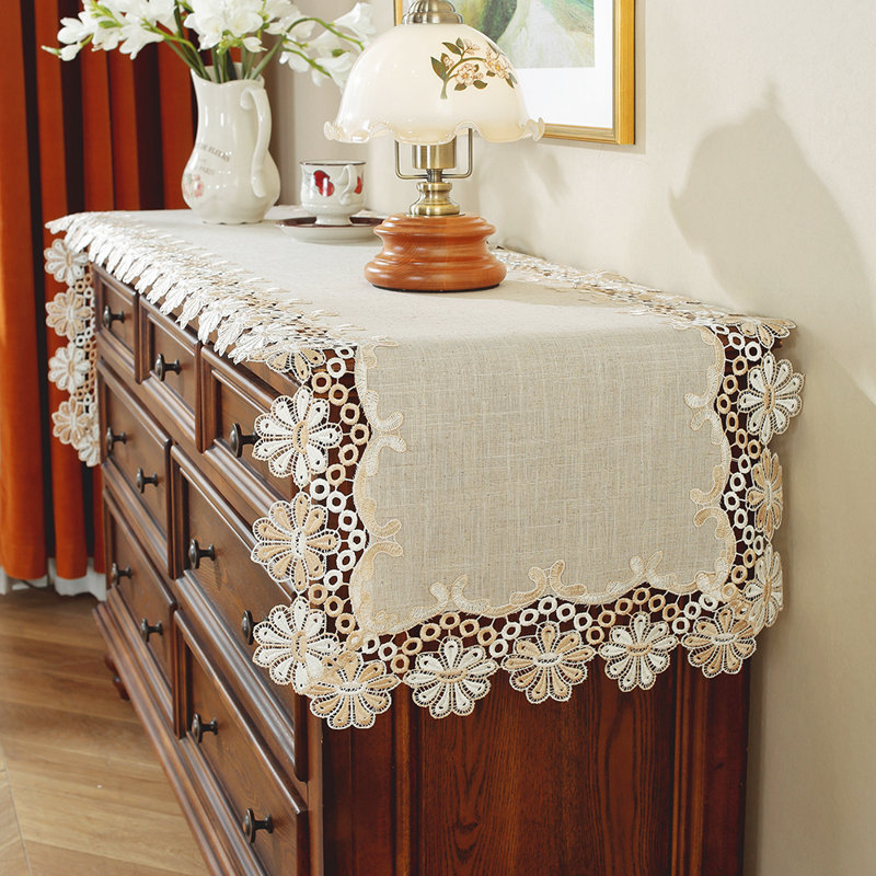 Beige Linen Blend Table Runner with Embroidery lace Border, 35"L x 16"W