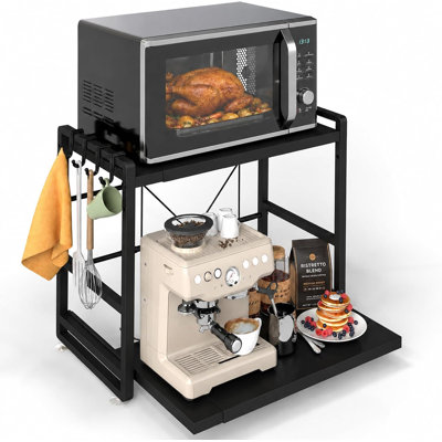 2-Tier Microwave Rack ， Height Adjustable & Extendable Kitchen Shelf with Drawer ， Carbon Steel， Includes Hooks ， Reinforcement Suction Cups