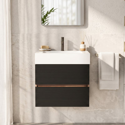 Meuble-lavabo mural flottant 24 po, deux tiroirs noirs à fermeture en douceur, lavabo en pierre composite une pièce, lavabo blanc brillant, robinet et drain non inclus