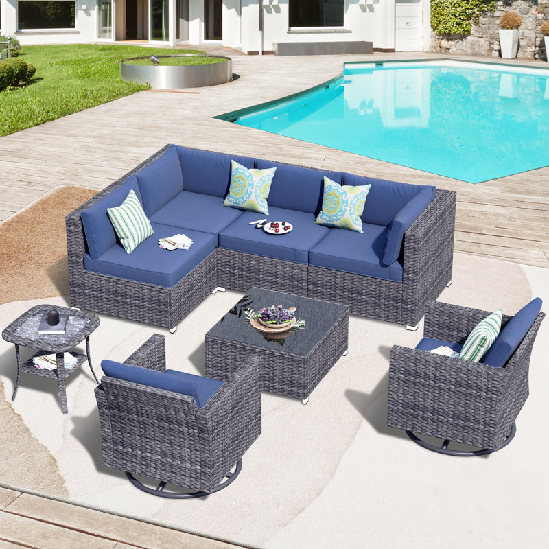 Ensemble de conversation modulaire avec coussins 8 pièces Guylene, Bleu
