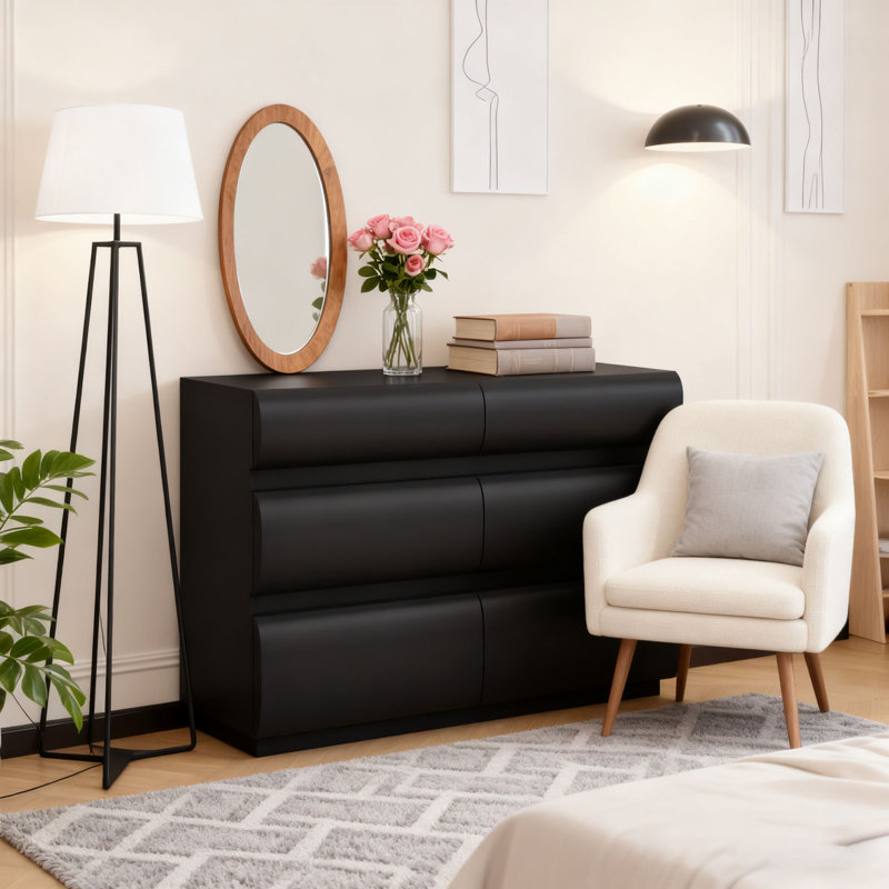 Commode 6 tiroirs pour chambre à coucher, Noir
