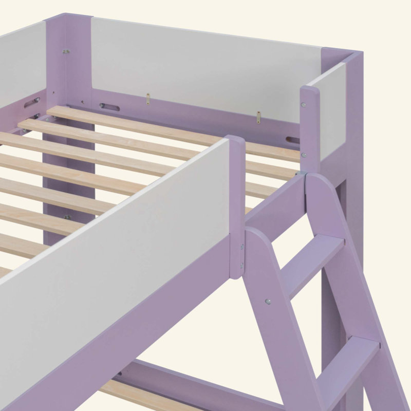 Lit superposé bas, lit superposé convertible en bois avec échelle réversible et garde-corps de sécurité, Twin, Purple