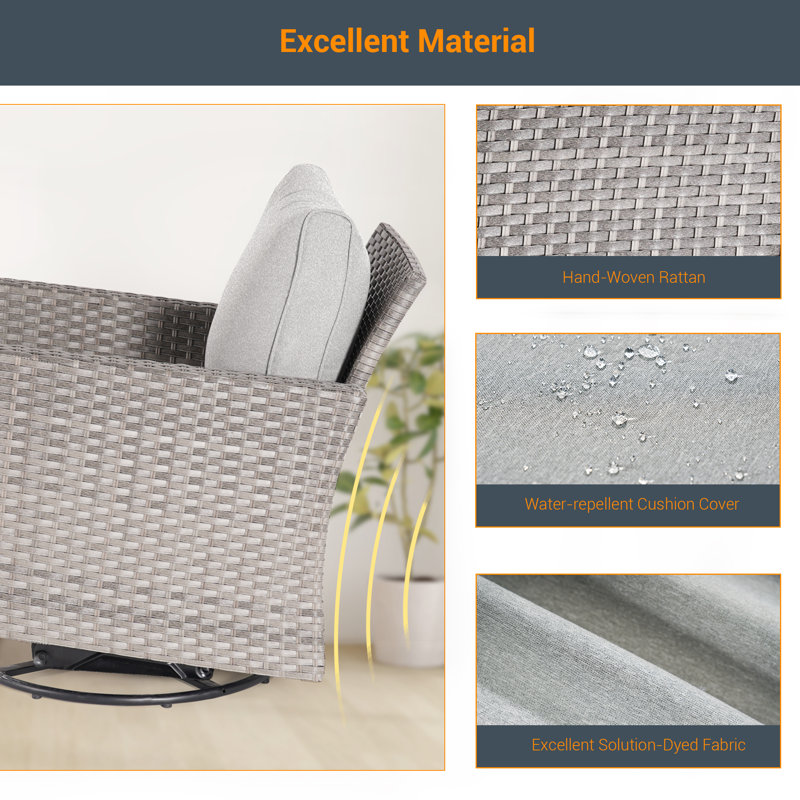  5 Piece Wicker Conversation Set with Cushions and Rocking Swivel Chairs, Linen Gray