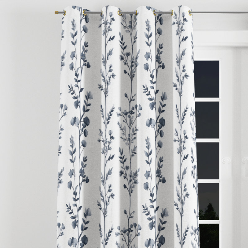Country Farmhouse Room Darkening Curtains - Blue Botanical Toile Grommet Curtain - 1 Panel, Gold Grommets, 52" W x 84" L