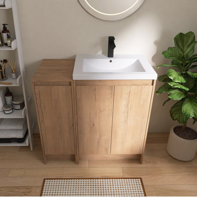 Meuble-lavabo sur pied 36 po avec lavabo en résine Vowar, 3 portes à fermeture douce, 2 tablettes réglables