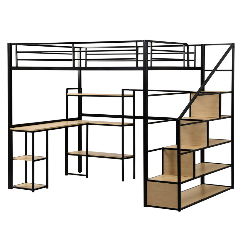 Lit mezzanine double noir avec escalier et bureau / tablettes pratiques - structure en métal, espace de rangement supplémentaire, pas de sommier pour une grande chambre à coucher, escalier de bureau et tablettes intégrés, amplement