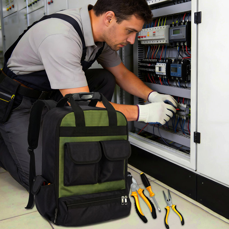 Sac à dos porte-outils Orizer robuste de 18 po - Sac à outils étanche, fond rigide moulé, poches multiples et compartiment pour ordinateur portable - Bretelles ergonomiques pour électriciens, mécaniciens et techniciens de CVC