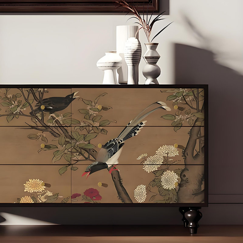 Commode 6 tiroirs style français-chinois en noyer, Noir