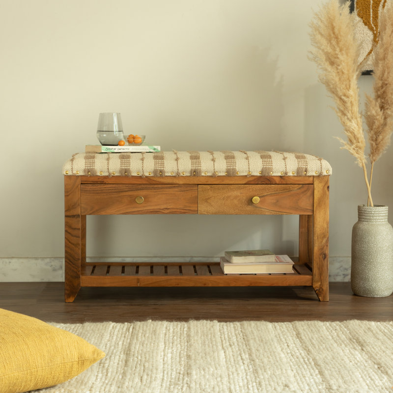 Avana Cotton Upholstered Storage Bench, Beige/Ivory