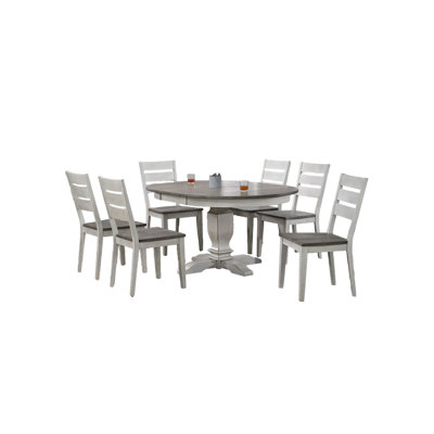Hermelindo 7-Piece Round Extendable Solid Wood Pedestal Dining Set in White and Grey by Ophelia & Co.